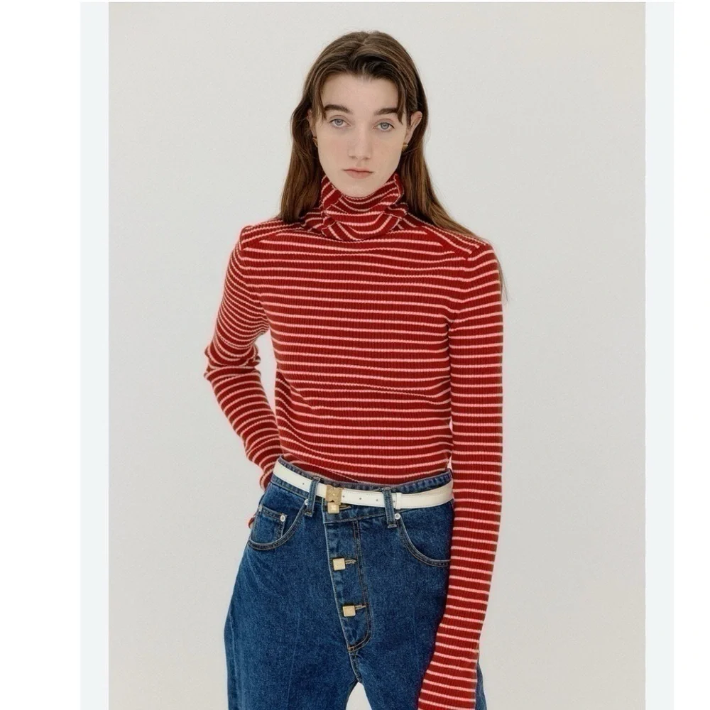 J.Crew Factory Red Gold Stripe Ribbed Top
